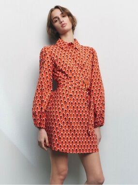 Zara Orange Printed Mini Shirt Dress